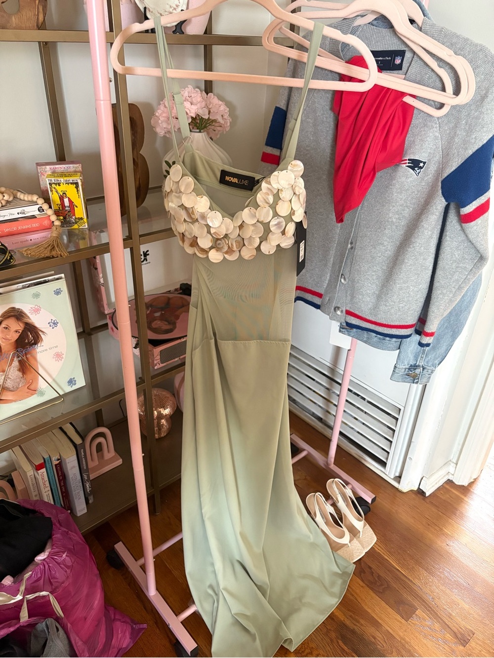 Fashion Nova Olive Green Maxi Dress with Shell-Embellished Bodice